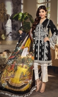 • Embroidered Lawn Shirt Front 1M • Embroidered Lawn Shirt Back 1M • Embroidered Lawn Sleeves 0.67M • Embroidered Front & Back Shirt Hem Border 1.52M • Embroidered Sleeves Border 1M • Embroidered Neckline Trim 1.5M • Printed Pure Silk Dupatta 2.5M • Dyed Cotton Cambric Trouser 2.5M • Embroidered Trouser Patch 2 PCS