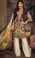 • Embroidered Lawn Shirt Front 1M • Plain Lawn Shirt Back 1M • Embroidered Lawn Sleeves 0.67M • Embroidered Neckline Trim 0.48M • Embroidered Shirt Front Hem Border 0.76M • Embroidered Shirt Back Hem Border 0.76M • Printed Pure Silk Dupatta 2.5M • Dyed Cotton Cambric Trouser 2.5M • Embroidered Trouser Patch 1M