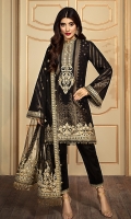 • Jacquard Lawn Shirt Front & Sleeves 1.9M • Plain Lawn Shirt Back 1M • Embroidered Neckline Trim 0.67M • Embroidered Neckline Patch 1PC • Embroidered Shirt Front and Back Hem Border 1.52M • Embroidered Sleeves Border 1M • Embroidered Net Dupatta 2.5M • Embroidered Dupatta Border 2M • Dyed Cotton Cambric Trouser 2.5M • Embroidered Trouser Patch 1M