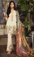 • Printed Lawn Shirt Front 3.07 M • Embroidered Shirt Front Hem Border 1PC • Embroidered Neckline Patch 1M • Embroidered Sleeves Patch 1M • Printed Pure Silk Dupatta 2.5M • Dyed Cotton Cambric Trouser 2.5M • Embroidered Trouser Patch 2PC