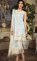 • Embroidered Lawn Shirt Front 1M • Plain Lawn Shirt Back 1M • Embroidered Lawn Sleeves 0.67M • Embroidered Shirt Front Hem Border 0.76M • Embroidered Shirt Back Hem Border 0.76M • Embroidered Sleeves Border 1M • Embroidered Net Dupatta 2.5M • Embroidered Dupatta Border 2M • Dyed Cotton Cambric Trouser 2.5M • Embroidered Trouser Patch 1.32M