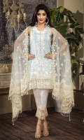 • Embroidered Lawn Shirt Front 1M • Plain Lawn Shirt Back 1M • Embroidered Lawn Sleeves 0.67M • Embroidered Shirt Front Hem Border 0.76M • Embroidered Shirt Back Hem Border 0.76M • Embroidered Sleeves Border 1M • Embroidered Net Dupatta 2.5M • Embroidered Dupatta Border 2M • Dyed Cotton Cambric Trouser 2.5M • Embroidered Trouser Patch 1.32M