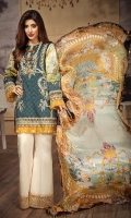• Embroidered Lawn Shirt Front 1.21M • Printed Lawn Shirt Back 1.21M • Printed Lawn Sleeves 0.67M • Embroidered Sleeves Border 1M • Embroidered Front Hem Border 0.76M • Embroidered Neckline Trim 1M • Printed Pure Silk Dupatta 2.5M • Dyed Cambric Cotton Trouser 2.5M • Embroidered Trouser Patch 1M