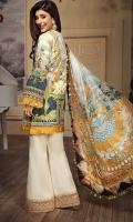 • Embroidered Lawn Shirt Front 1.21M • Printed Lawn Shirt Back 1.21M • Printed Lawn Sleeves 0.67M • Embroidered Sleeves Border 1M • Embroidered Front Hem Border 0.76M • Embroidered Neckline Trim 1M • Printed Pure Silk Dupatta 2.5M • Dyed Cambric Cotton Trouser 2.5M • Embroidered Trouser Patch 1M