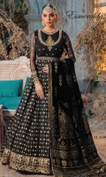 Gold Printed Velvet Shawl Embroidered Chiffon Front Body Foil printed Shirt Front + Back Embroidered Chiffon Sleeve Spray Embroidered Chiffon Back Body Spray Embroidered Daman Border Embroidered Back Border Embroidered Belt Border Embroidered Sleeve Border Charmeuse Silk Trouser