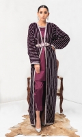 Bahar features a Plum coloured long Jacket style with silver sequins and a 3D embellished belt. Paired with silk lining & adorned with a crytal and bead-work neckline; this style is given with straight raw silk trousers and a chunky neckline on a velvet canvas - the perfect option for the season.