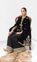 Shehnaz features an an alluring front-open velvet jacket embedded with sparkling crystals and beads. This flattering silhouette is paired with boot-cut raw silk trousers finished with cutwork embriodery, complete the look.