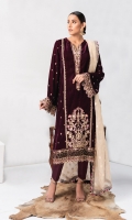 Salma is a beautiful kurta-cut made on velvet with an organza jacquard Dupatta and straight silk trousers. Fine & intricate floral embroidery enhanced with embellishments and tassels complete this outfit.