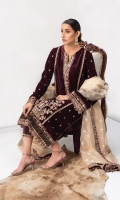 Salma is a beautiful kurta-cut made on velvet with an organza jacquard Dupatta and straight silk trousers. Fine & intricate floral embroidery enhanced with embellishments and tassels complete this outfit.