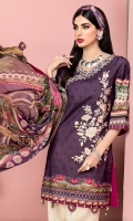 Embroidered Digital Printed Lawn Front Digital Printed Lawn Back & Sleeves Embroidered Neckline Trim Digital Printed Chiffon Dupatta Dyed Cotton Cambric Trouser Embroidered Trouser Borders