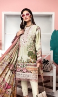 Digital Printed Lawn Shirt Embroidered Neckline Embroidered  Shirt Hem Border Digital Printed Chiffon Dupatta Dyed Cotton Cambric Trouser Embroidered Sleeve + Trouser Borders
