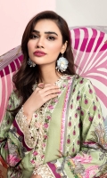 Digital Printed Lawn Shirt Embroidered Neckline Border Embroidered Shirt Hem Border Embroidered Sleeve Border Digital Printed Chiffon Dupatta Dyed Cotton Cambric Trouser Printed Trouser Borders