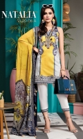 Digital Printed Lawn Shirt Embroidered Neckline Embroidered Shirt Hem Embroidered Sleeve Border Digital Printed Chiffon Dupatta Dyed Cotton Cambric Trouser Embroidered Trouser Borders