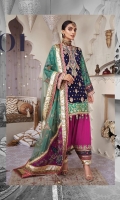 Embroidered Chiffon Front Embroidered Chiffon Back Kattan Silk Printed Sleeves Embroidered Sleeves Border Embroidered Daman Patch Embroidered Daman Front Border Embroidered Neckline Embroidered Back Border Raw Silk Trouser Kattan Silk Printed Trouser Border Embroidered Trouser Border Kattan Silk Screen print Trouser + Shirt Trim Embroidered Net Dupatta Kattan Silk Printed Dupatta Pallu Kattan Silk Screen Print Dupatta Border 1 Kattan Silk Screen Print Dupatta Border 2