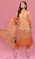 Shades of cantaloupe on chikan with white embroidered bunches, accentuated hyderabadi neckline with a white and tangerine tassle. Paired with chikan pants and a chiffon hand block printed dupatta.