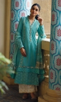 Turquoise chikan kurta with gold detailing, paired with white chikan culottes and a chiﬀon hand block printed dupatta.