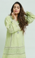 Chikan Straight Kurta with mirror work and silver Japanese bead button motifs highlighted with gota lines, paired with Straight lace embellished chikan shalwar. ( The patterns of lace may vary per design)