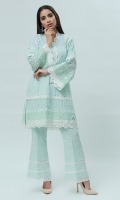This traditional chikan Kurta with beautiful mirror work encrusted alongside the borders with laces. Paired with lace embellished chikan bootcut pants.  ( The patterns of lace may vary per design)