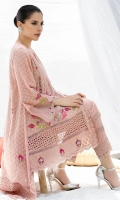 Dusty pink chikan cross anagarkha with a floral embroidered pattern highlighted with hand work. Paired with lace embellished chikan pants.