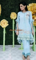 Chic, semi-formal A-line kameez with a hi-lo hemline and hanging sleeves. It is embellished with lace and embroidery.