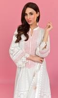 An all time white classic chikan asymmetrical kurta with powder pink anchor embroidery. Paired with white chikan pants and a hand block printed chiﬀon dupatta.