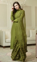 Crisp olive green raw silk matching separates paired with a sheer organza fabric manipulated dupatta.