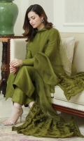 Crisp olive green raw silk matching separates paired with a sheer organza fabric manipulated dupatta.