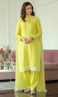 Saffron yellow block printed cotton net kurta and shalwar paired with a chiffon dupatta.