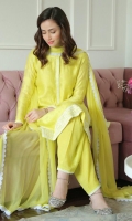 Saffron yellow block printed cotton net kurta and shalwar paired with a chiffon dupatta.
