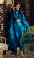 80-gram teal blue raw silk cowl neck long shirt paired with an organza fabric manipulated dupatta.