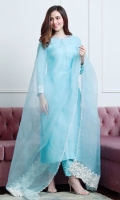 Steel blue raw silk long kurta paired with a sheer organza dupatta enhanced with appliqued borders.