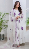 White cotton net kalidar with purple floral motifs paired with a sheer scalloped organza dupatta.