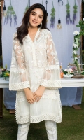 All white organza kurta with pearl, Japanese beads and sequins work. Paired with white embellished cigarette pants.