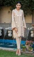 Beige raw silk kurta highlighted with pleats, long pearl lines, and fan tassels. Paired with worked self on self cigarette pants.