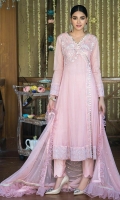 Net powder pink anarkali with honey comb accents paired with straight pants and a frill infused dupatta.