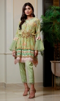Our Mint green crape digital kurta with the western look, pure organza pleated sleeves embellished with hand embroidered motifs, fringes lace on the daman and belt with pearled tassel. It is paired with raw silk pants with laces.