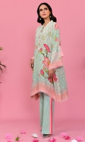 Seafoam crepe silk digital printed tunic with taﬀy pink oversized floral detailing. Paired with striped bootcut pants.
