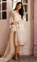 White chikankari organza kurta with gold dabka trellises, paired with a gold jamavar izaar and a cotton net dupatta with Kiran detailing.