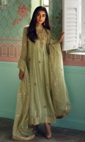 Mint self cotton Anarkali with a cowl neck and gold dabka work on the bodice. Paired with a net gota and sequined dupatta.