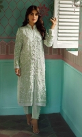 Mint raw silk anchor and beaded worked raw silk front open shirt. Paired with mint cigarette pants.