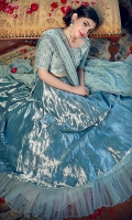 A modern Swarovski embellished ice blue honeycomb choli paired with a ruffled lehenga and an ice blue heavy embroidered dupatta.