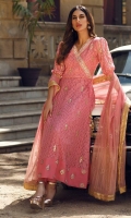 Melon pink chiffon chikankari angarkha with puffy sleeves and block printed detailing on the daman. Paired with an ombre block printed net dupatta.