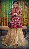 An oxblood raw silk pitta work peplum paired with our metallic lehenga.