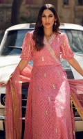 Melon pink chiffon chikankari angarkha with puffy sleeves and block printed detailing on the daman. Paired with an ombre block printed net dupatta.