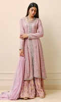Lavender front open cotton net Anarkali with a silver dabka border on the neckline, slit and daman. Highlighted with booties and a spray of silver sequins. Paired with a jamawar Dhaka pajama and a net dupatta with a spray of silver sequins.  