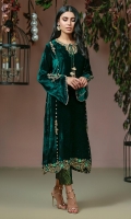 Emerald green velvet kurta with a Hyderabadi neckline, gold dabka and Swarovski trellises complimented by a zari, Resham, and sequins scalloped daman border. Paired with emerald green Jamawar cigarette pants.