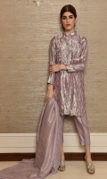 Metallic lavender front open shirt with a floral and bird design accentuated with silver Stones, Japanese beads and sequence work. The pants are shiny with a masuri dupatta.