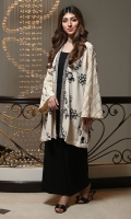 One of our must have pieces. This oversized front open coat is a perfect pick to mix and match with multiple outfits. It has embellished floral embroidery and embellished geometric bell sleeves. It is paired with plain matching separates.