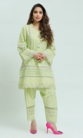 Chikan straight Kurta with mirror work and silver Japanese bead button motifs highlighted with gota lines, paired with Straight lace embellished chikan shalwar.