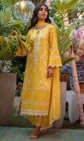 Pineapple yellow schiffli kurta with white embellishments paired with pants and a chiffon block printed dupatta.